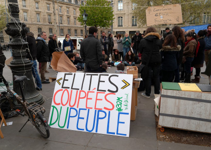 ‘Las élites desconectadas de la gente’, pancarta de protesta en las manifestaciones de  ‘Nuit debout’, en Francia.