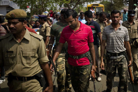 India, Andhra Pradesh, 2012, Para military routing the Protest demonstration. The conflicts between paramilitary forces and Maoists is centered on the Red corridor and goes from the south-east of India to the north-east and gather 7 regions of India – Karnataka, Andhra pradesh, Chattisgarth, orissa, jharkhand, Bihar and West Bengal.