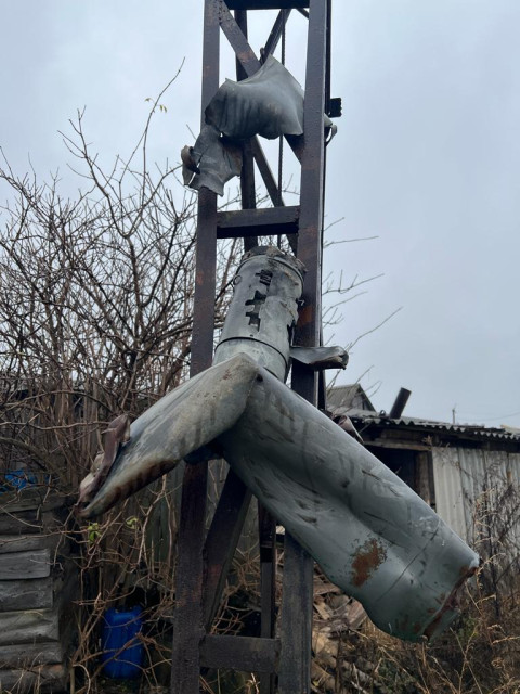 Remains of a missile collected by a farmer from his farm field. The village Pochepin, Bucha district, Kyiv region. 16 November 2022.