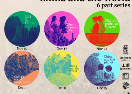 China and the world poster- six sessions: life in China, China's economic system, China's political system, China's social movements, China and the world, China and the planet